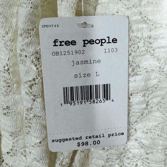 Free People Tea Time Puff Sleeve Lace Top Large New Cream Cut Out Cropped Boho - Picture 6 of 8